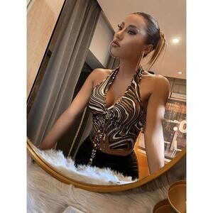 Drawstring Front Backless Marble Halter Top and Skirt